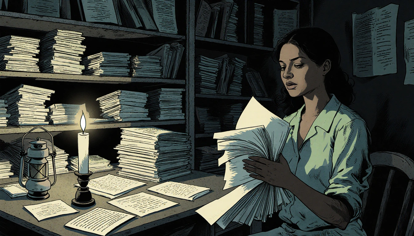 Maxwell's hands holding stack of files with flickering candle revealing new evidence for prison release in dim lantern room