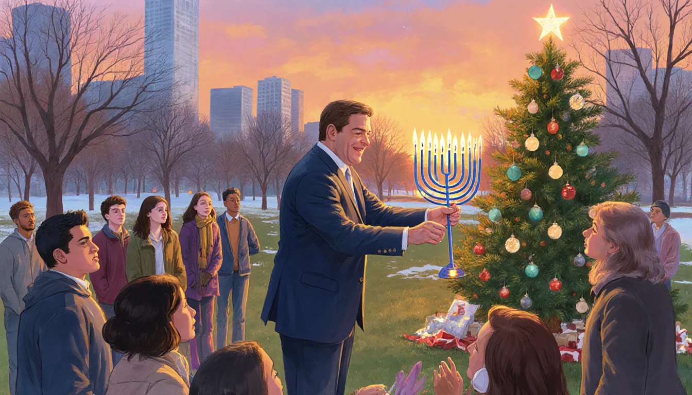 Mayor Brett Smiley lighting a Christmas tree and Hanukkah menorah with Providence residents and community together and famili