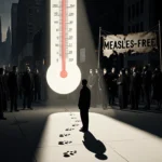 Lone figure standing under giant measles‑shaped thermometer with shadows and footprints to a concerned crowd in street.