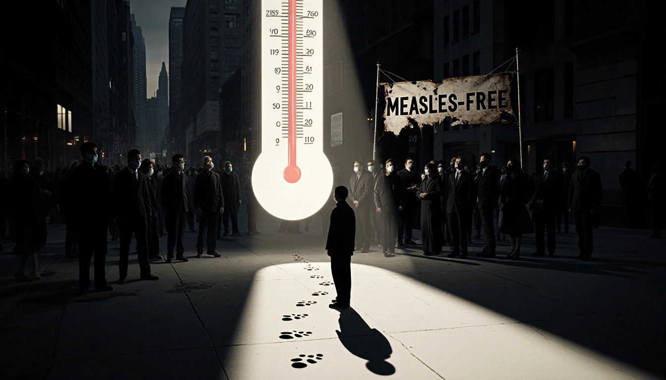 Lone figure standing under giant measles‑shaped thermometer with shadows and footprints to a concerned crowd in street.