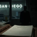 Medical journal lies open on cluttered desk with ketamine prescription sheet and faded San Diego sign in background