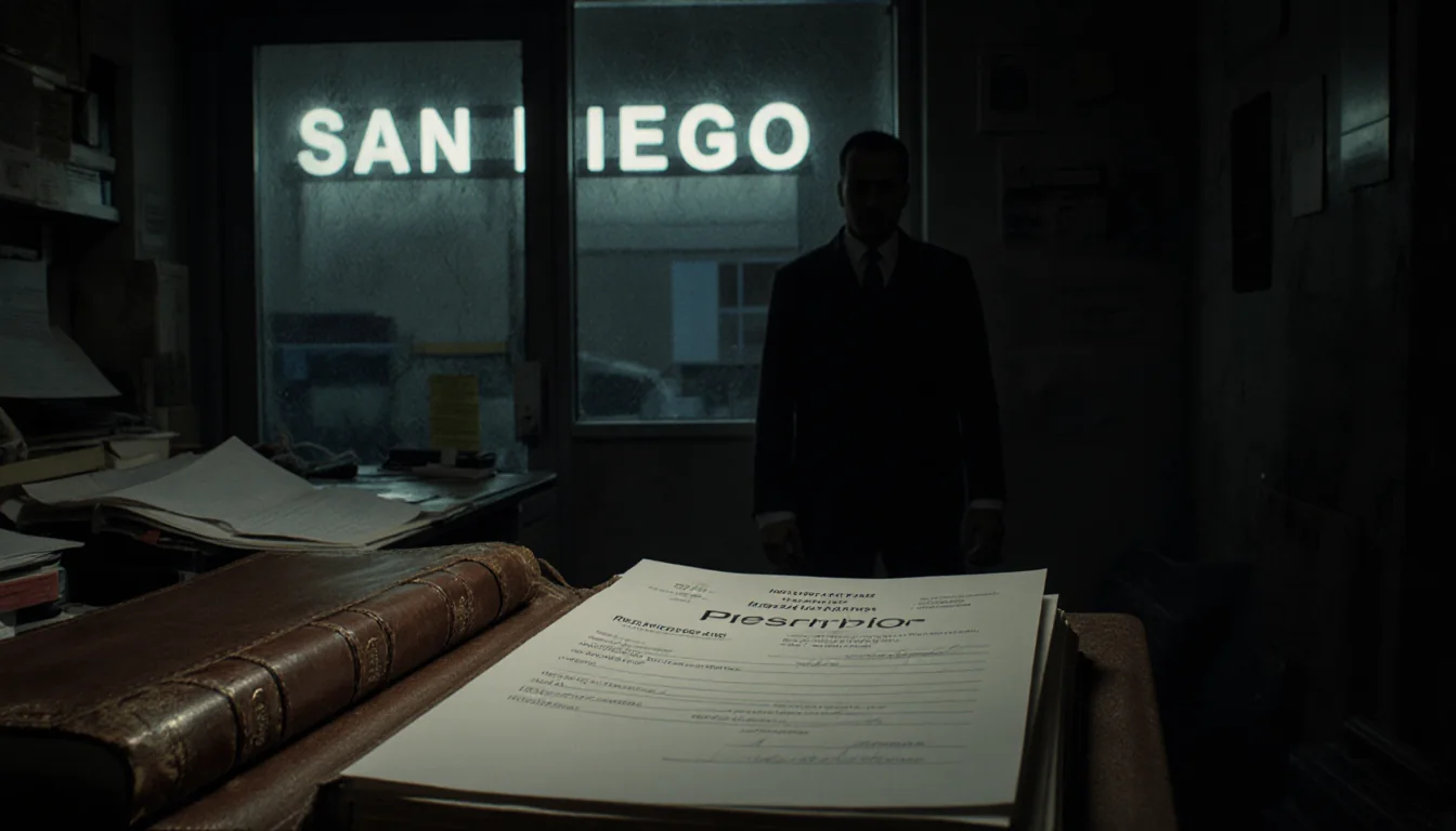 Medical journal lies open on cluttered desk with ketamine prescription sheet and faded San Diego sign in background