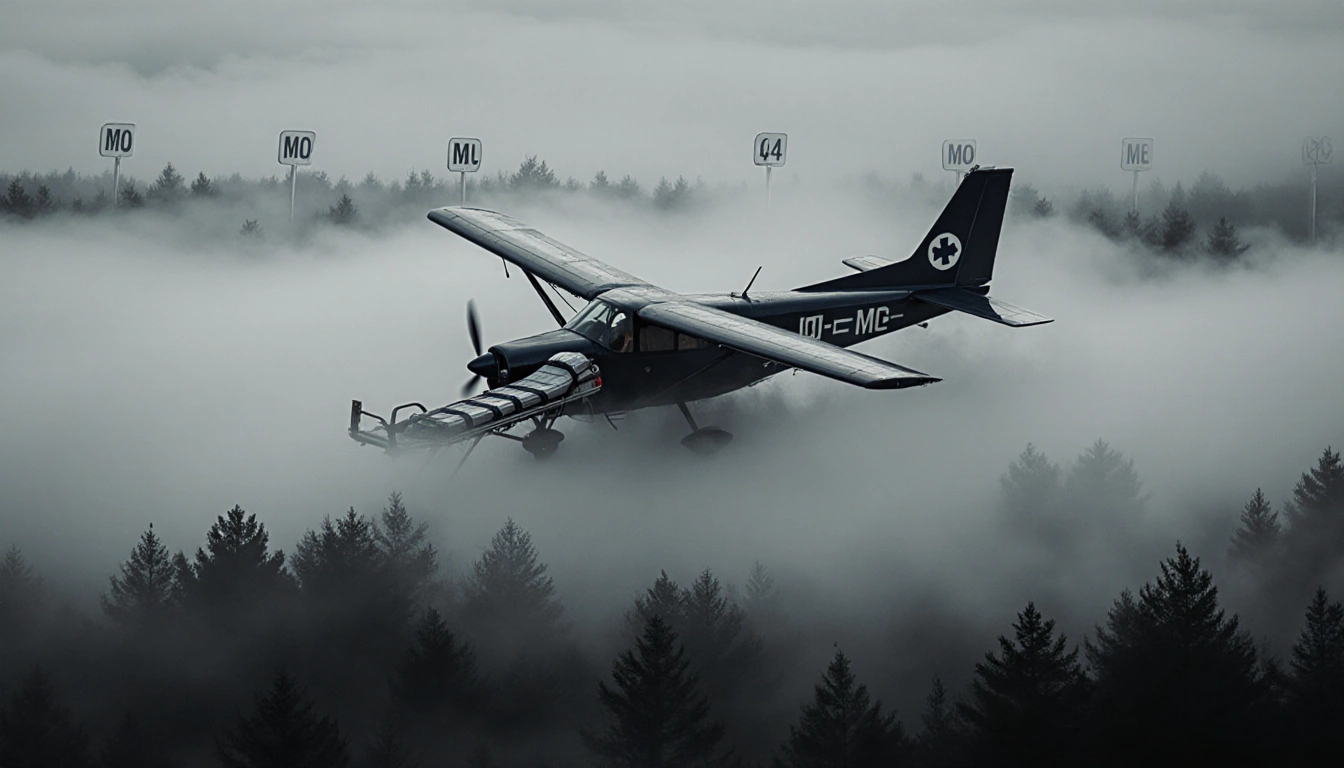 Small plane soaring through dense fog with wings ajar and a stretcher visible inside cockpit