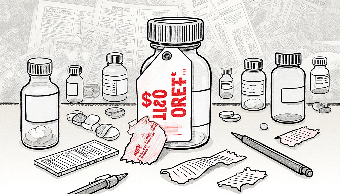 Pharmacy counter shows a medication bottle with an inflated red price tag and scattered empty prescriptions and pens nearby