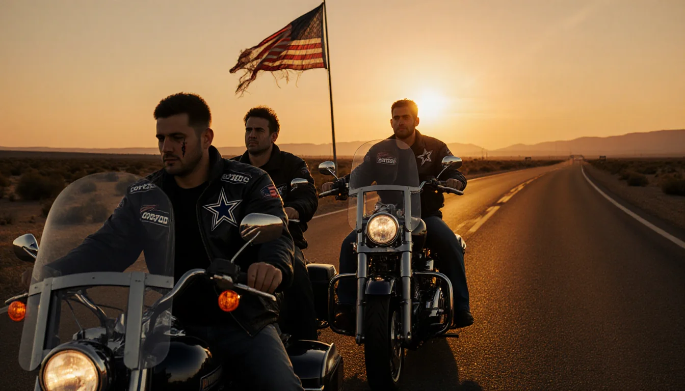 Four motorcyclists riding side by side with golden sunrise over desert road and fading flag.