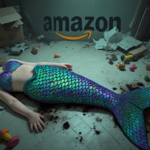Mermaid costume lies on dusty floor with dark stains and scattered toys near torn packaging.
