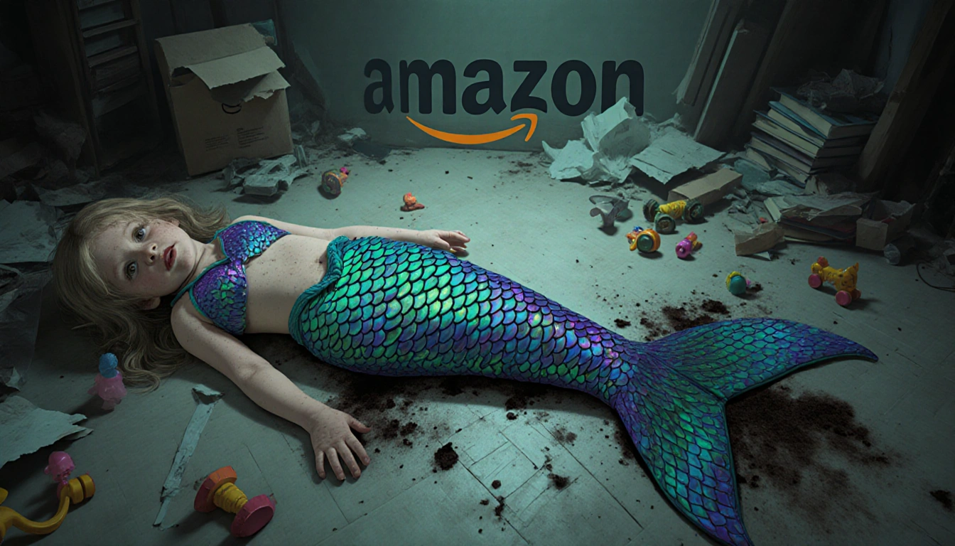 Mermaid costume lies on dusty floor with dark stains and scattered toys near torn packaging.