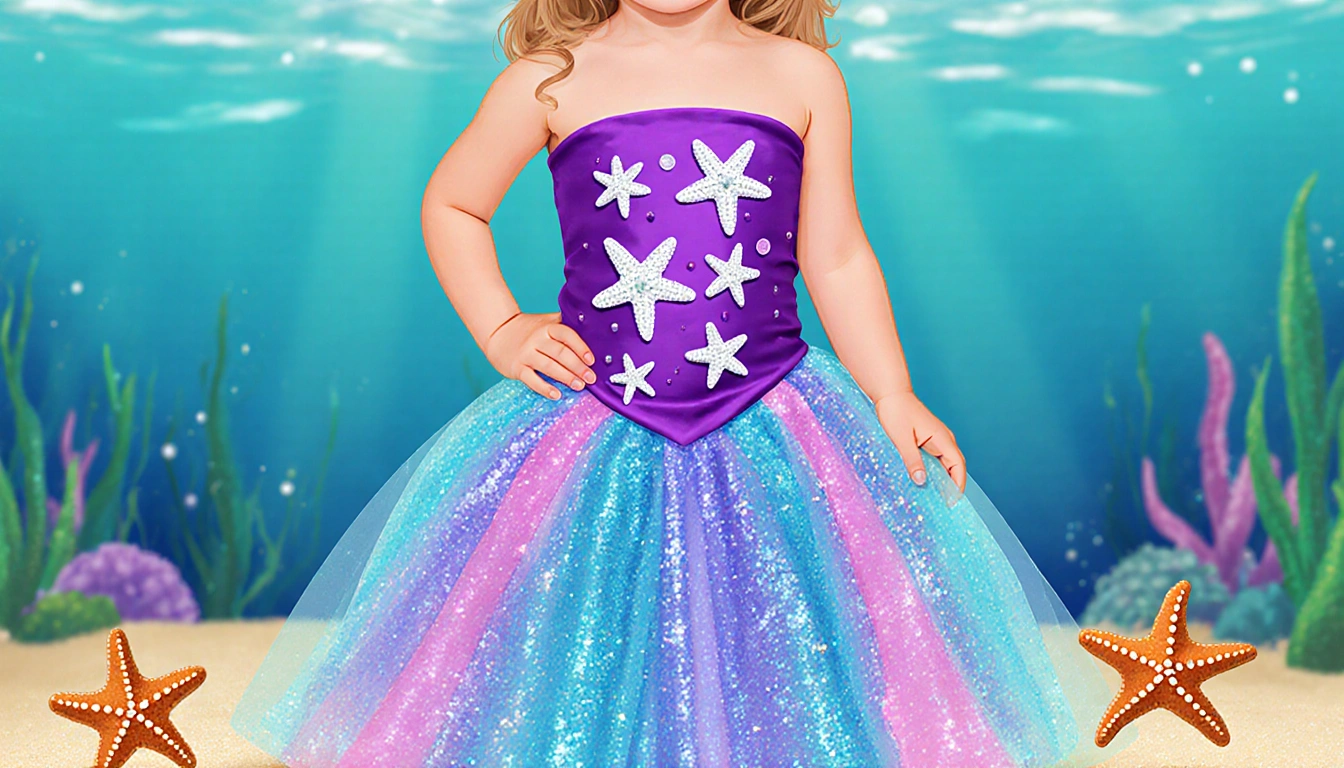 Child dancing in a mermaid costume with starfish on a strapless top and a glittering skirt under an ocean backdrop