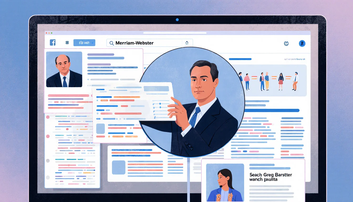 Merriam‑Webster editors reviewing search data on screen with Greg Barlow's reflection gazing at users and news headlines