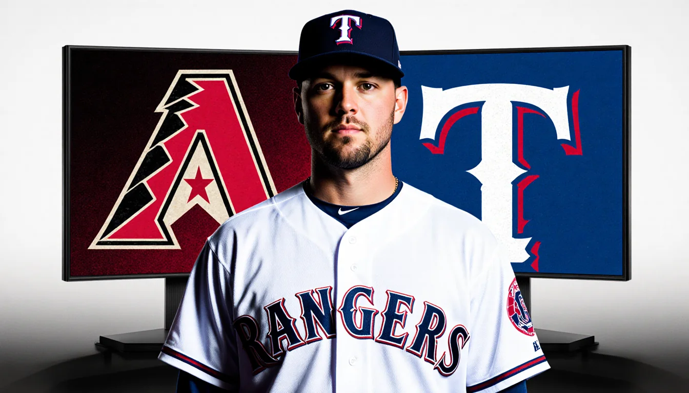 Merrill Kelly standing with Arizona Diamondbacks jersey and a Texas Rangers hat visible in split-screen background