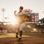 Merrill Kelly stepping off the mound with a fastball windup and golden sunset glow on Chase Field.