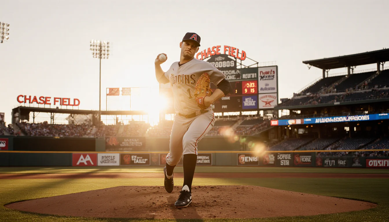Merrill Kelly stepping off the mound with a fastball windup and golden sunset glow on Chase Field.
