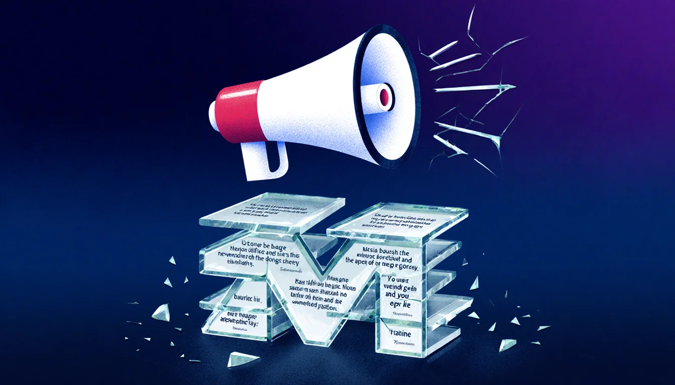 Megaphone‑like message symbol emerging from shattered glass shards with quotes against a dark blue‑purple gradient.