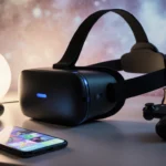 Meta Quest 3 VR headset rests on minimalist desk with warm lamp glow and smartphone shows Meta Horizon Plus app