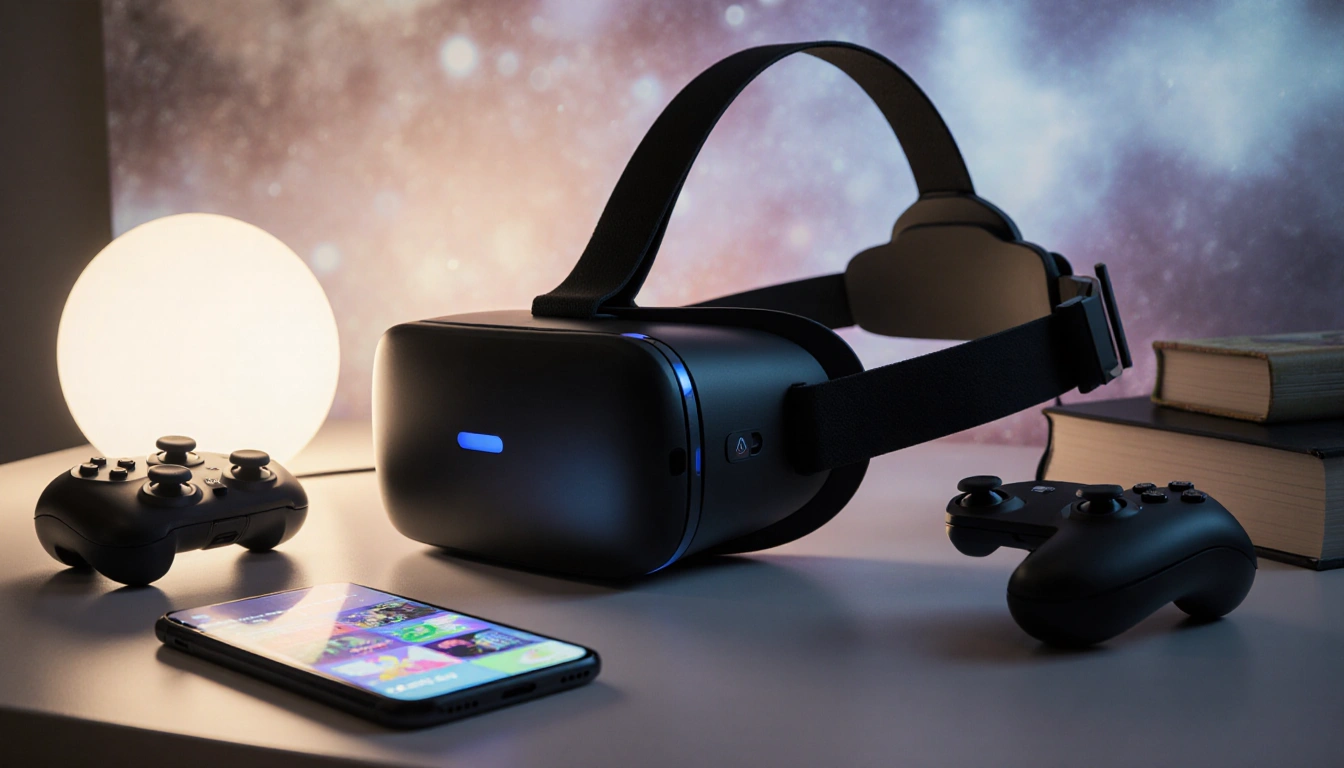 Meta Quest 3 VR headset rests on minimalist desk with warm lamp glow and smartphone shows Meta Horizon Plus app