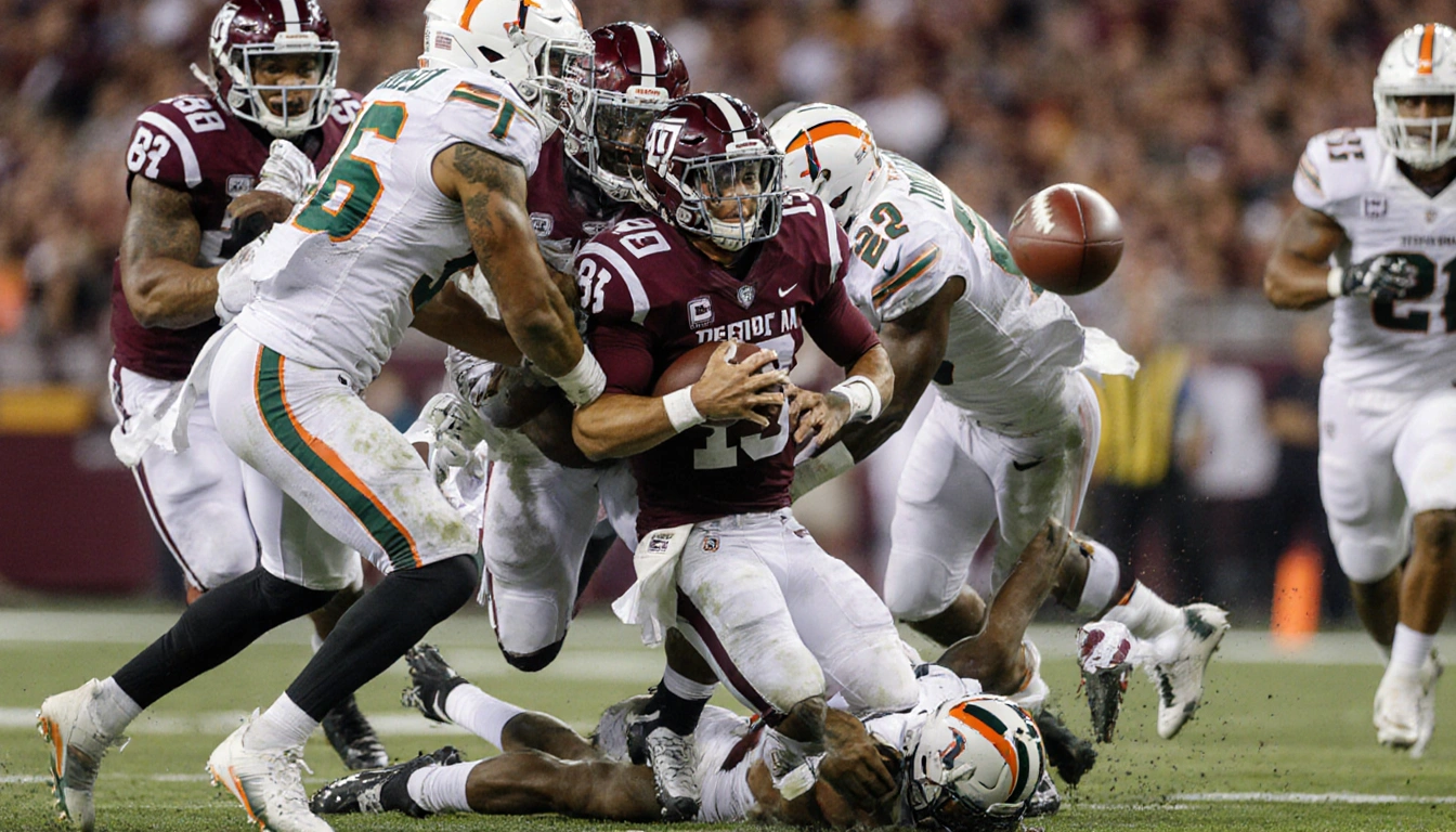 Miami defenders swarming Texas A&M quarterback Reed with teammates pinning him and a midair pass by Bryce Fitzgerald.