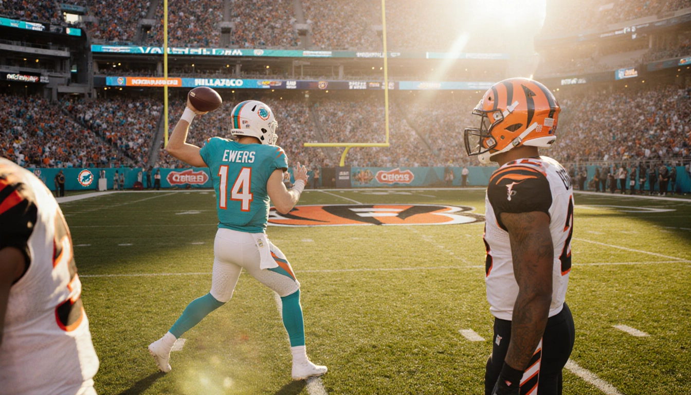 Quinn Ewers throws a pass with Tua Tagovailoa watching from the sidelines and autumn light on Hard Rock Stadium