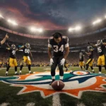 Tua Tagovailoa looks down at the ball in frustration with a referee signaling an incomplete pass under a Miami Dolphins logo.