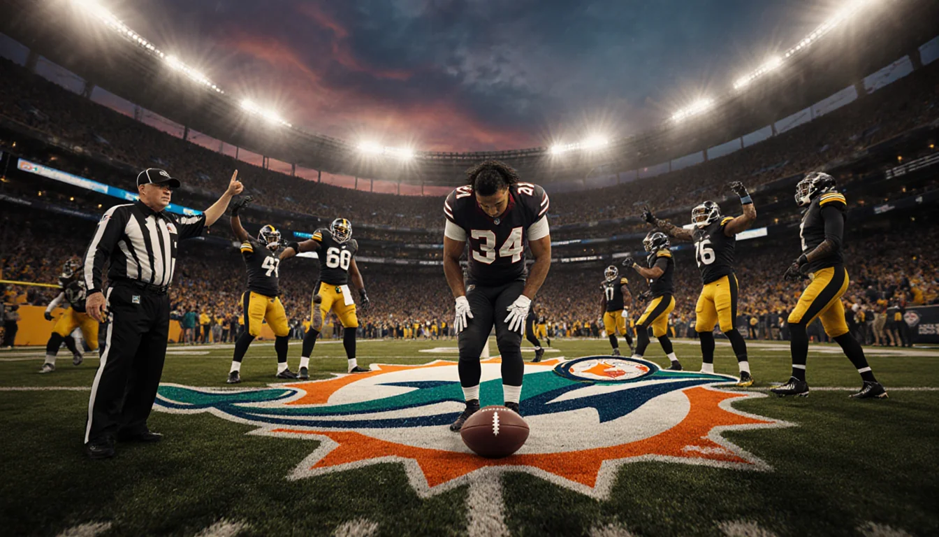 Tua Tagovailoa looks down at the ball in frustration with a referee signaling an incomplete pass under a Miami Dolphins logo.