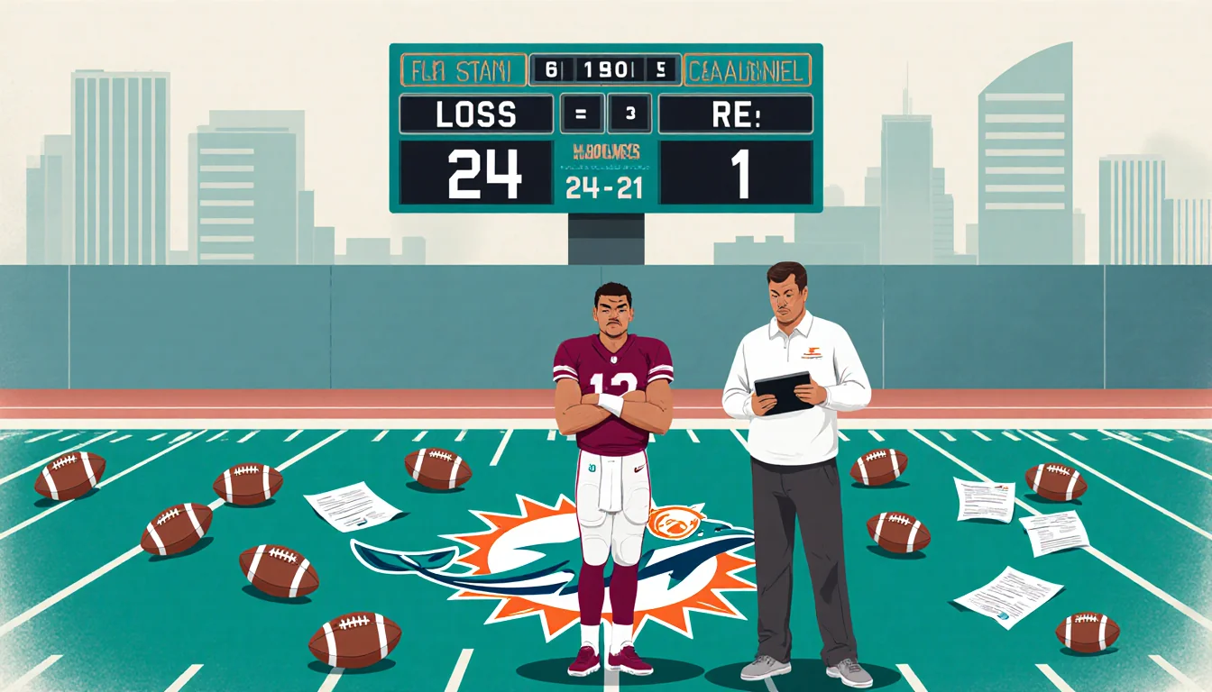 Tua Tagovailoa stands uncertain on a football field with Coach McDaniel beside him holding an iPad and scoreboard 24-21 loss.