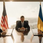 Prominent figures discussing at polished wooden table with American and Ukrainian flags nearby.