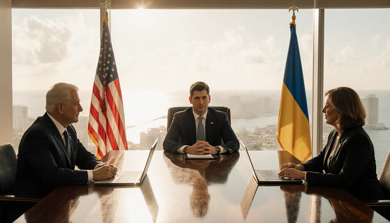 Prominent figures discussing at polished wooden table with American and Ukrainian flags nearby.
