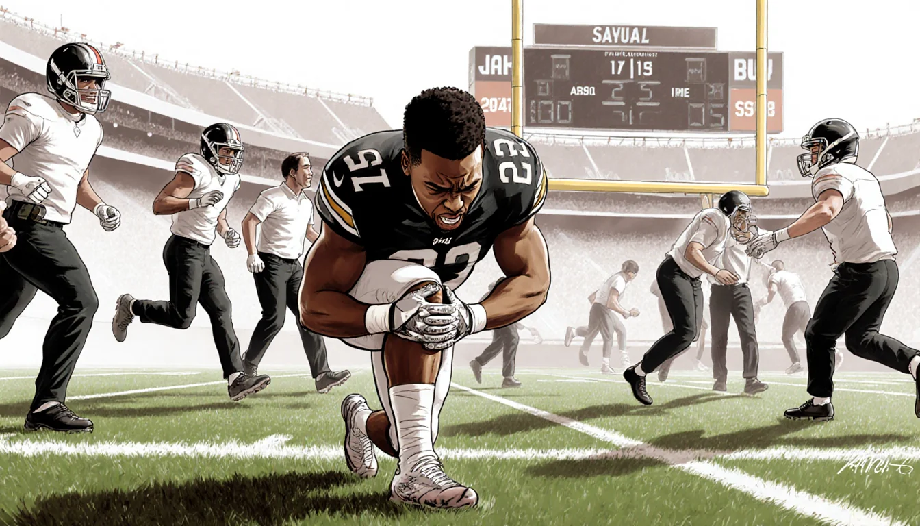 Micah Parsons football player clutching knee in pain with trainers rushing and gridiron backdrop
