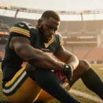 Micah Parsons sits on Packers field clutching his knee with injury and torn ACL visible Denver stadium in sunset background