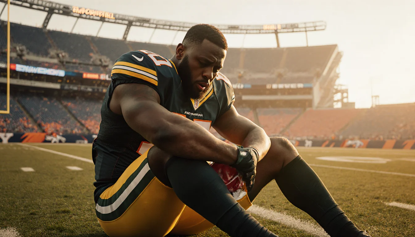 Micah Parsons sits on Packers field clutching his knee with injury and torn ACL visible Denver stadium in sunset background