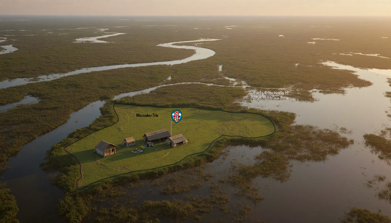 Aerial map of Osceola Camp in the Everglades with green wetlands and a Miccosukee flag near the expanded boundary