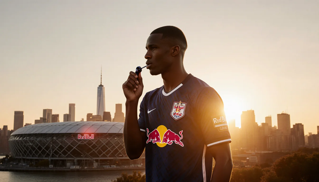 Michael Bradley coaching with a whistle and Red Bulls jersey and the New York City skyline and Red Bull Arena behind him