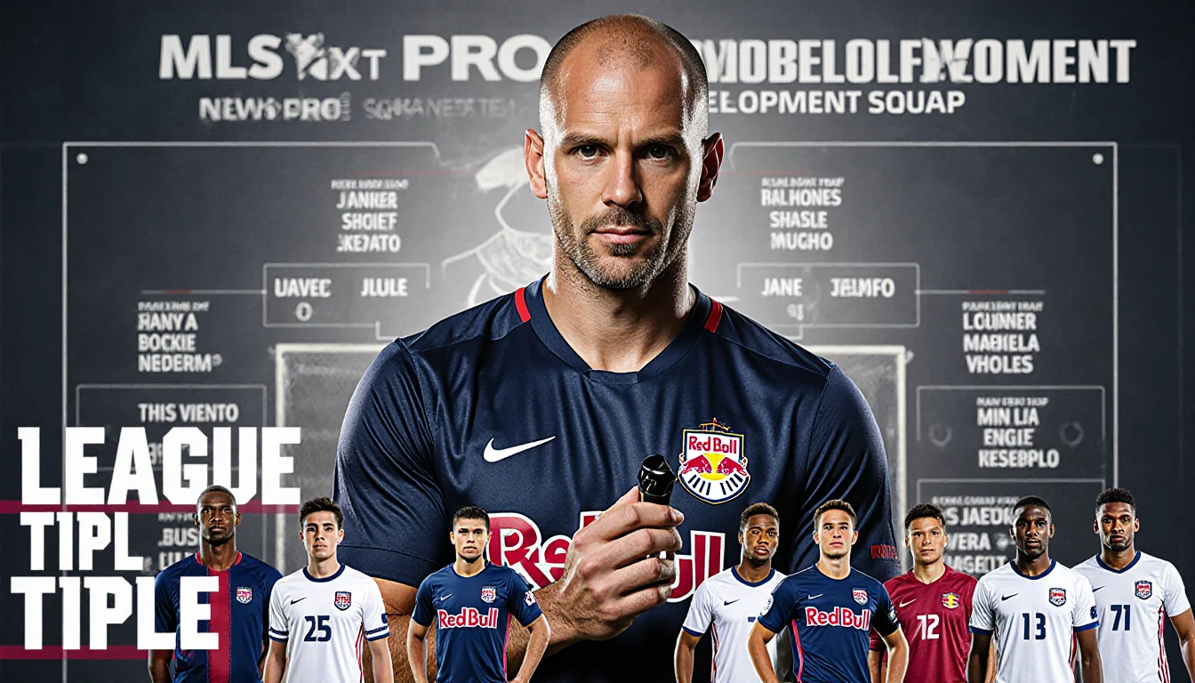 Michael Bradley coach stands with whistle in hand beside a blurred roster board and a collage of young players near him.
