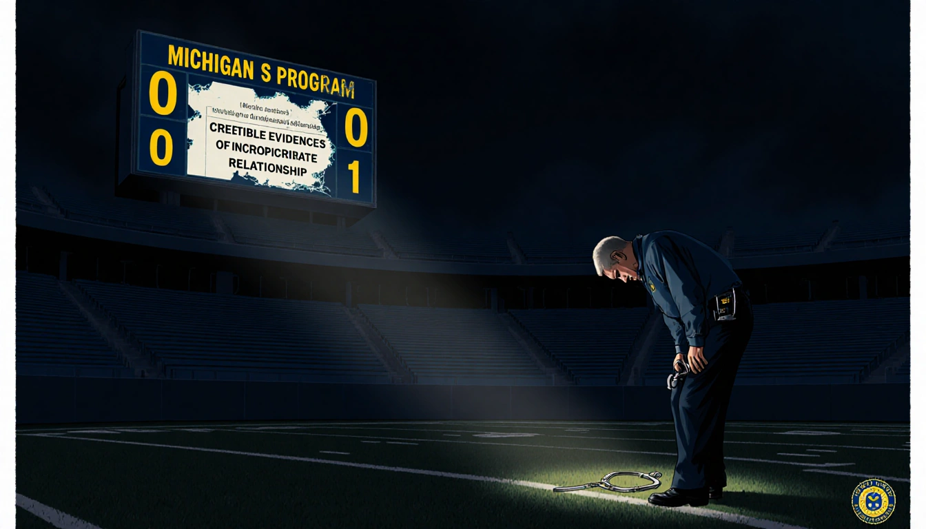 Kyle Moore Michigan coach bowing with police badge at feet and scoreboard 0 a broken window shows investigation text