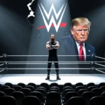 Mick Foley stands alone in a wrestling ring with spotlight on him and WWE logo above while a Trump image watches from afar.