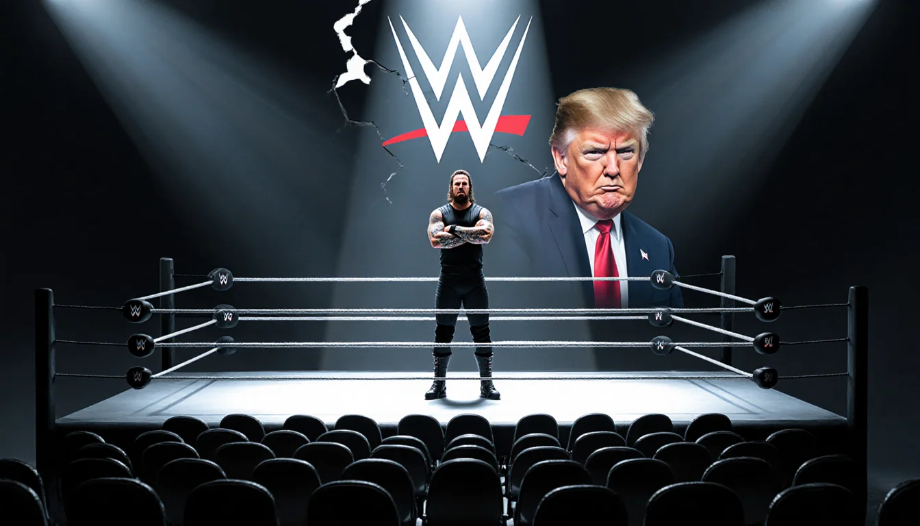 Mick Foley stands alone in a wrestling ring with spotlight on him and WWE logo above while a Trump image watches from afar.