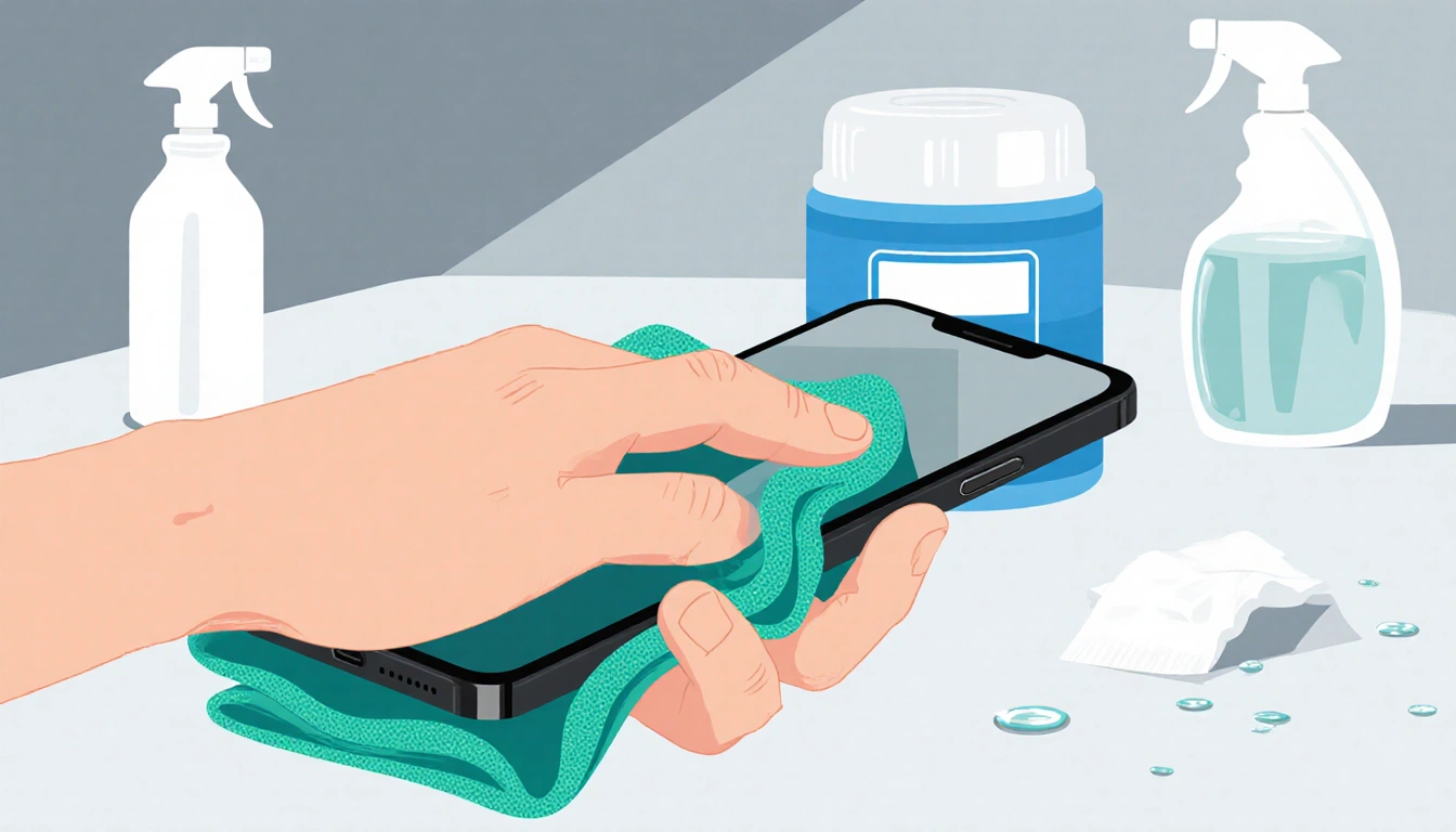 Person gently wiping phone screen with microfiber cloth and careful touch near clean desk and disinfectant wipes.