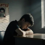 Teenager sits slumped at a desk with head on desk and eyes down in a dim school office with faint wanted poster behind.