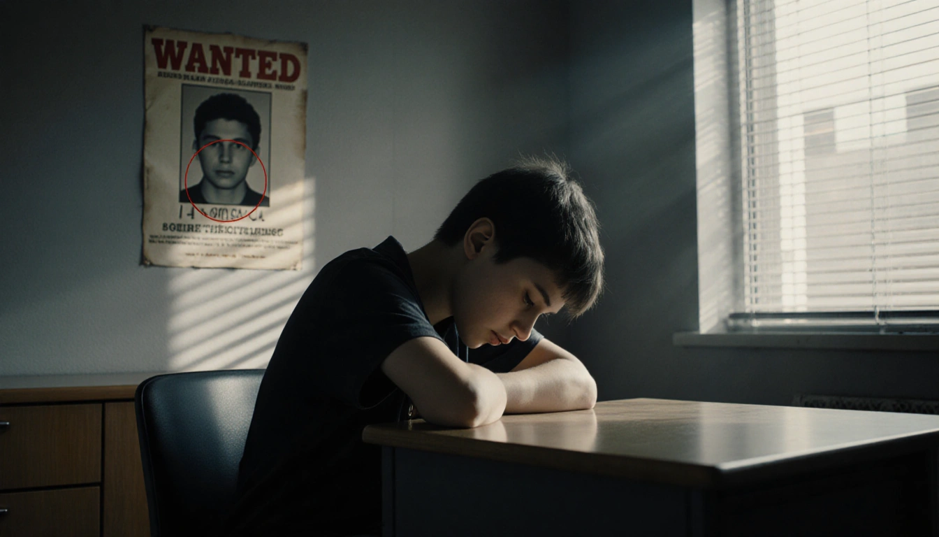 Teenager sits slumped at a desk with head on desk and eyes down in a dim school office with faint wanted poster behind.