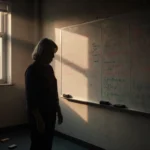 Kayla stands before a cluttered whiteboard in a Baltimore classroom with warm window light and an abandoned eraser on floor