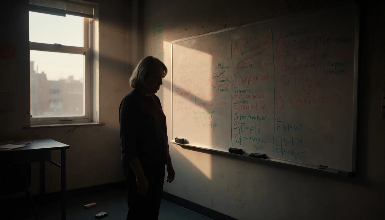 Kayla stands before a cluttered whiteboard in a Baltimore classroom with warm window light and an abandoned eraser on floor