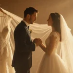 Miles Teller presents a wedding dress to Keleigh in a warm golden light room with fluttering fabric.