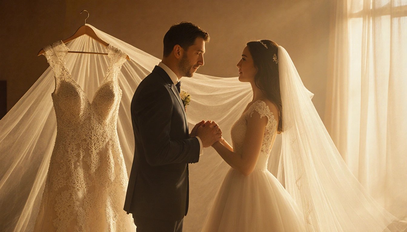 Miles Teller presents a wedding dress to Keleigh in a warm golden light room with fluttering fabric.