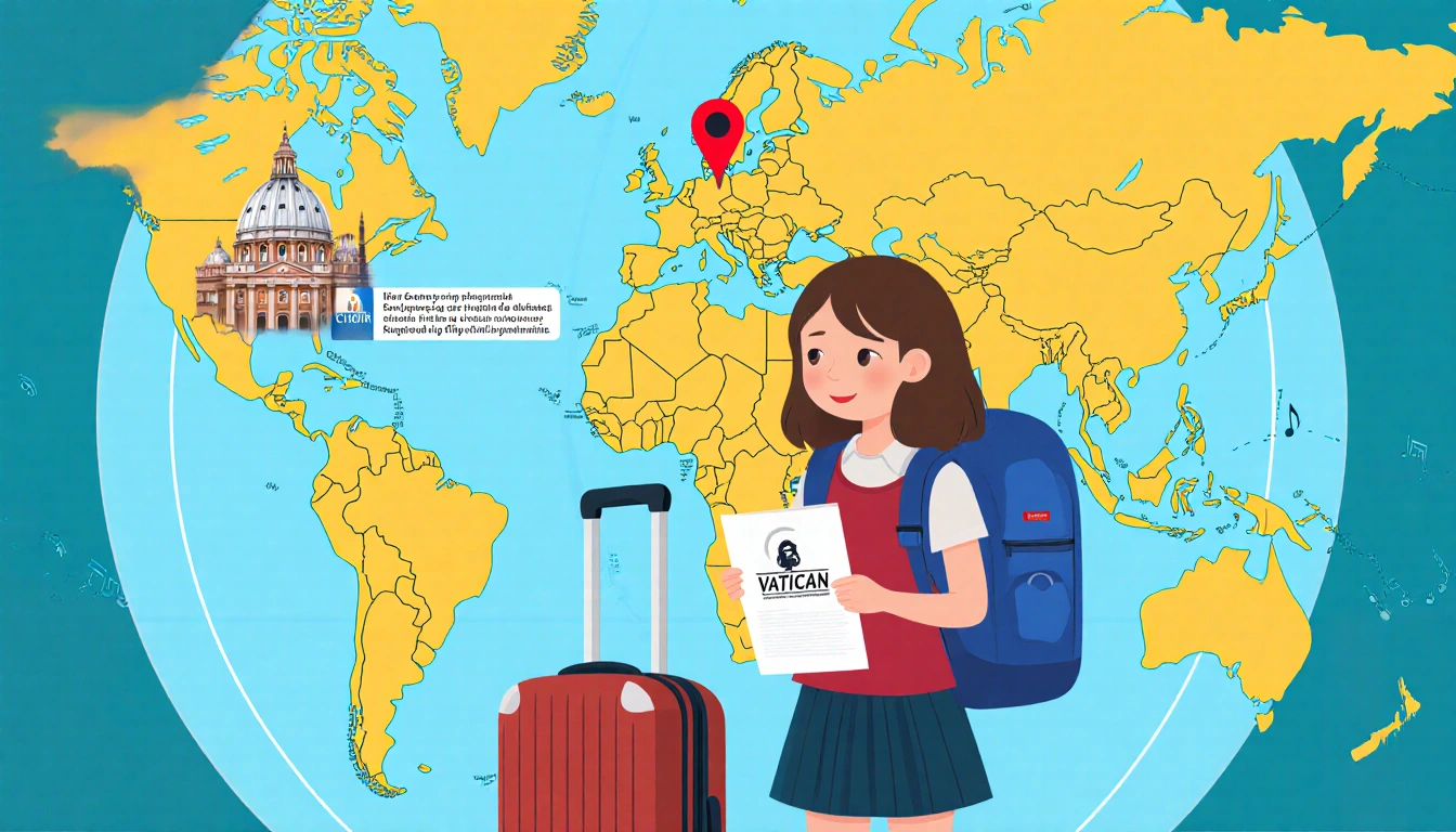 Excited Mille Grobe standing with suitcase and backpack near a map of Rome holding a music sheet and choir logo