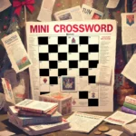 Crossword puzzle displaying bright grid cells with playful font old newspaper stand overflowing with books on holiday backdro