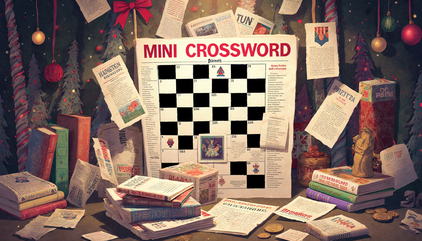 Crossword puzzle displaying bright grid cells with playful font old newspaper stand overflowing with books on holiday backdro
