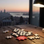 Puzzle pieces scattered across worn wooden table with warm lamp glow and sunset NYC skyline