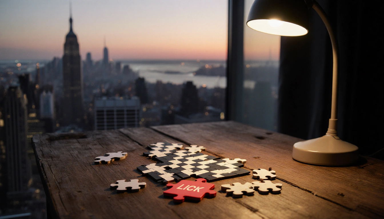 Puzzle pieces scattered across worn wooden table with warm lamp glow and sunset NYC skyline