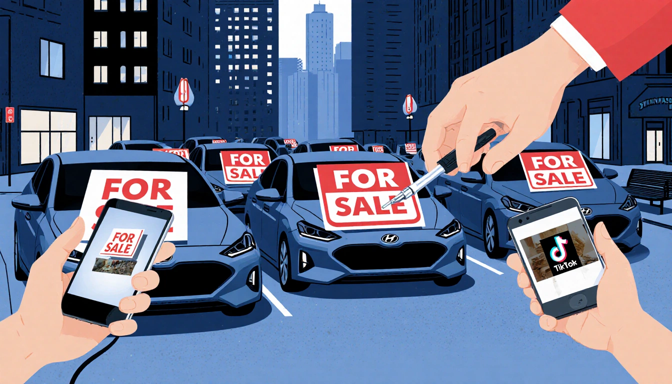 Person unlocking a parked Hyundai with screwdriver and USB cable on a Minneapolis street with For Sale signs and a TikTok pho