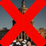 Minnesota Capitol marked with a large red X and scattered paperwork in afternoon light signaling halted child‑care payments.