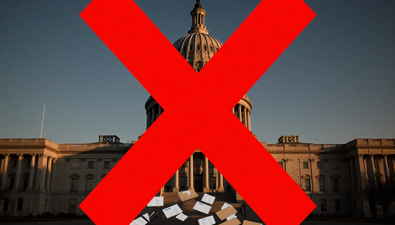 Minnesota Capitol marked with a large red X and scattered paperwork in afternoon light signaling halted child‑care payments.